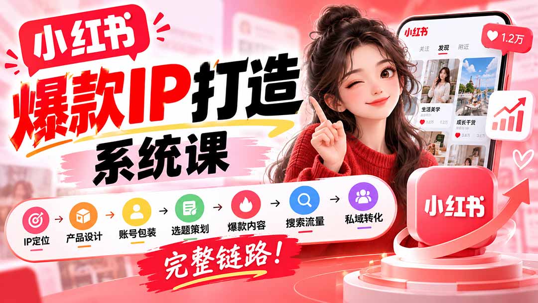 【无水印】小红书爆款IP打造课：IP定位→产品设计→账号包装→选题策划→爆款内容→搜索流量→私域转化，完整链路-heixxmi