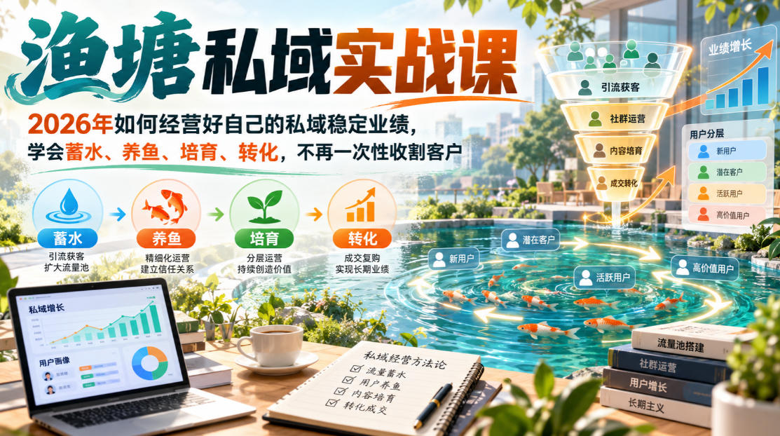 渔塘私域实战课,2026年如何经营好自己的私域稳定业绩,学会蓄水、养鱼、培育、转化,不再一次性收割客户