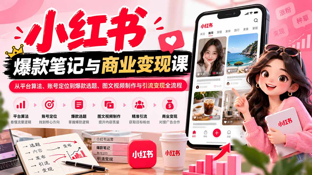 2026小红书爆款笔记与商业变现课：从平台算法、账号定位到爆款选题、图文视频制作与引流变现全流程-heixxmi