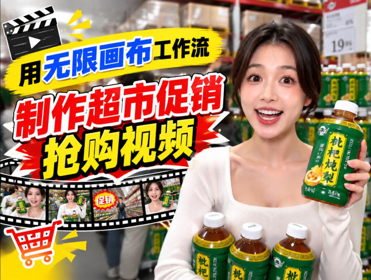无限画布超市促销抢购视频工作流，一键产出TikTok抖音带货短视频-heixxmi