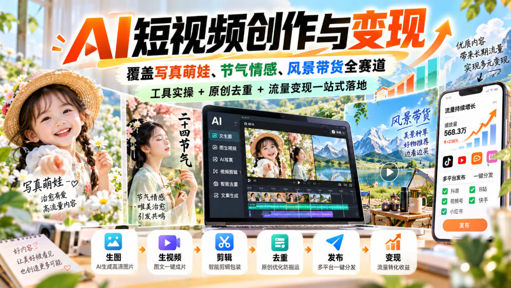 AI短视频创作与变现,覆盖写真萌娃、节气情感、风景带货全赛道,工具实操+原创去重+流量变现一站式落地