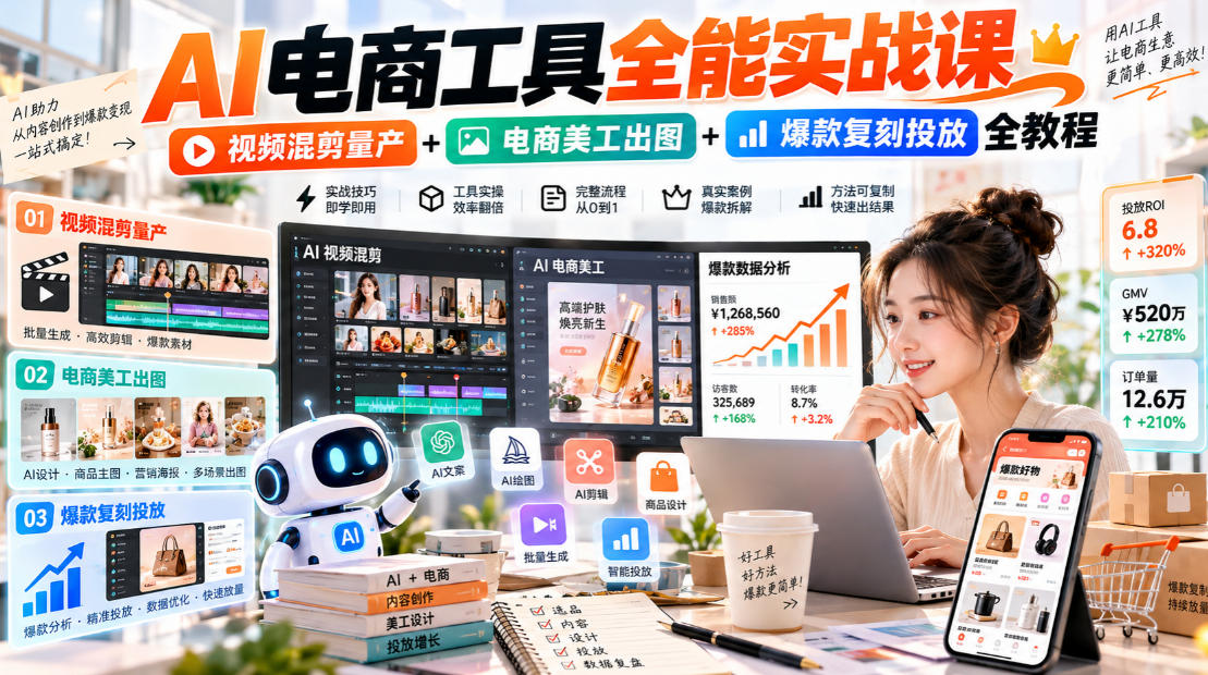 AI电商工具全能实战教学,视频混剪量产+电商美工出图+爆款复刻投放全教程