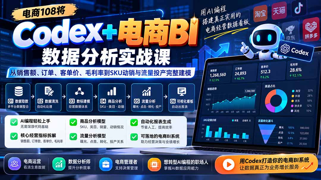 Codex+电商BI数据分析实战课-更新：从销售额、订单、客单价、毛利率到SKU动销与流量投产完整建模-heixxmi