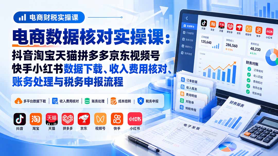 电商数据核账实操课：抖音淘宝天猫拼多多京东视频号快手小红书数据下载、收入费用核对、账务处理与税务申报流程-heixxmi