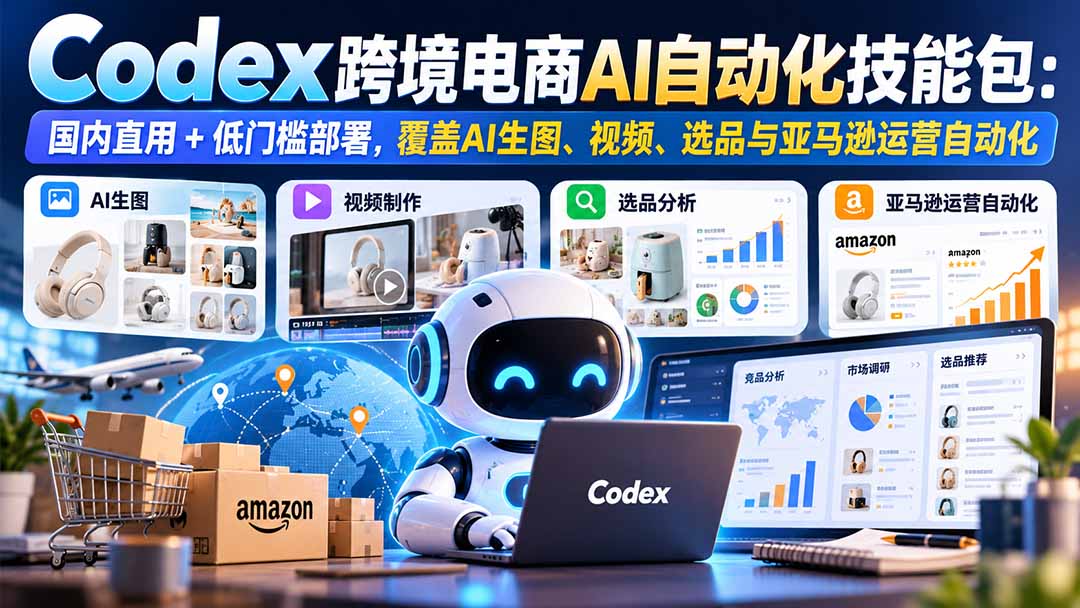 【无水印】Codex跨境电商AI自动化技能包：国内直用+低门槛部署，覆盖AI生图、视频、选品与亚马逊运营自动化-heixxmi