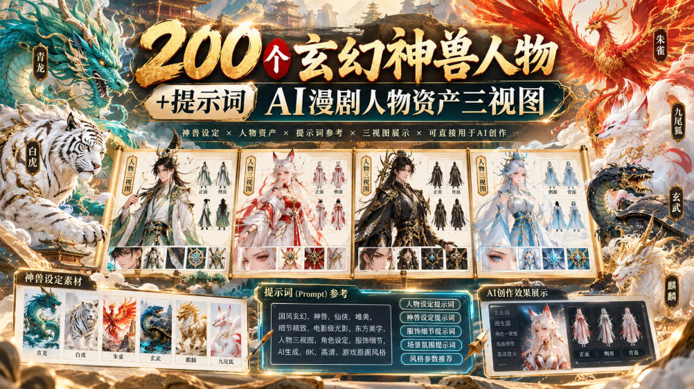 200个玄幻神兽人物+提示词ai漫剧人物资产三视图-heixxmi