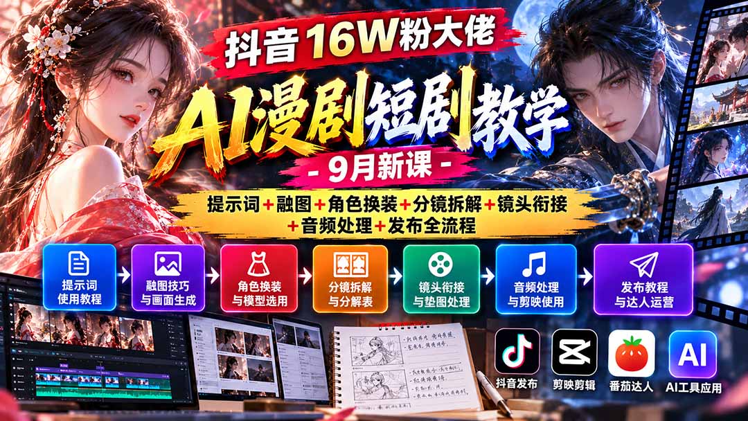 抖音16W粉大佬AI漫剧短剧教学-9月新课：提示词+融图+角色换装+分镜拆解+镜头衔接+音频处理+发布全流程-heixxmi