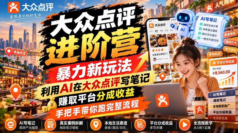 大众点评进阶营，暴力新玩法，利用AI在大众点评写笔记， 賺取平台分成收益，手把手带你跑完整流程-heixxmi