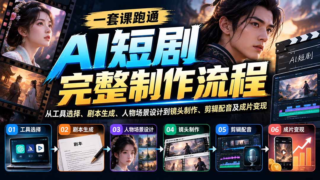 一套课跑通AI短剧完整制作流程：从工具选择、剧本生成、人物场景设计到镜头制作、剪辑配音及成片变现-heixxmi