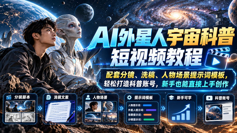 AI外星人宇宙科普短视频教程,配套分镜、洗稿、人物场景提示词模板,轻松打造科普账号,新手也能直接上手创作
