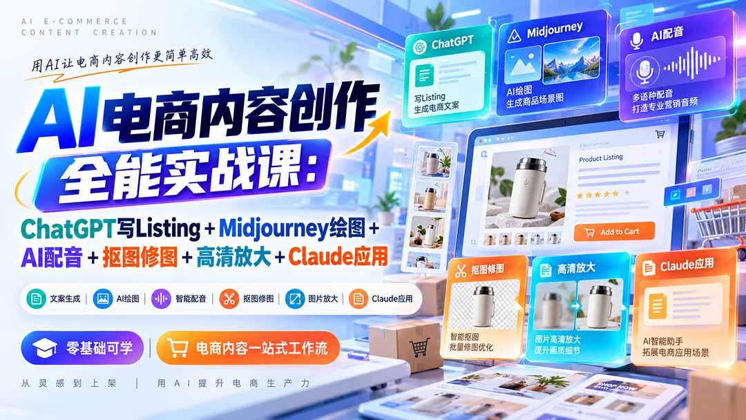 【无水印】AI电商内容创作全能实战课：ChatGPT写Listing+Midjourney绘图+AI配音+抠图修图+高清放大+Claude应用-heixxmi