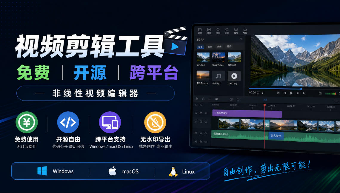 视频剪辑工具，免费、开源、跨平台，非线性视频编辑器，支持Windows、macOS、Linux，无水印、无订阅费用-heixxmi