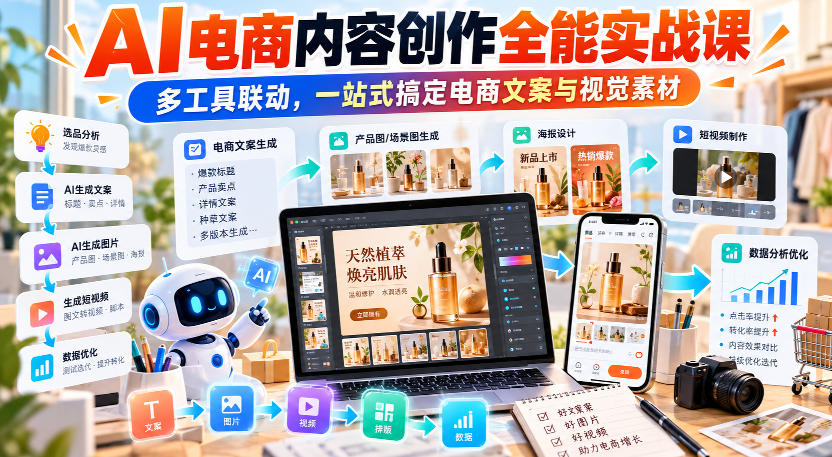 【无水印】AI电商内容创作全能实战课｜多工具联动，一站式搞定电商文案与视觉素材-heixxmi