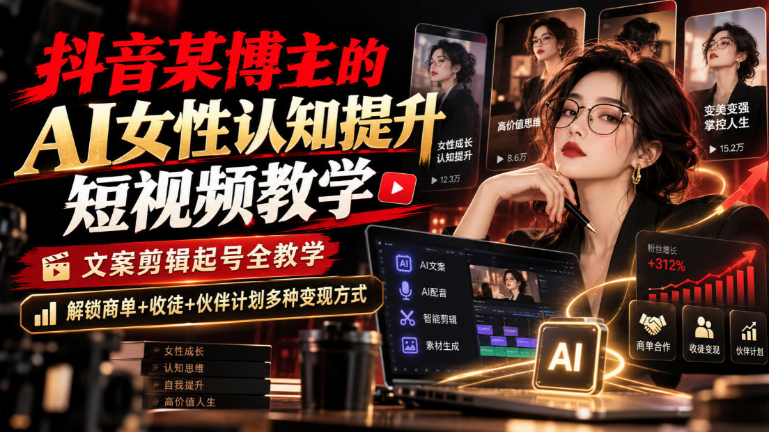 抖音某博主的Ai女性认知提升短视频教学，文案剪辑起号全教学，解锁商单+收徒+伙伴计划多种变现方式-heixxmi
