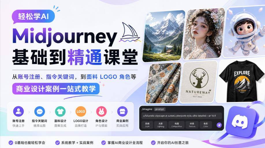 轻松学AI Midjourney基础到精通课堂，从账号注册、指令关键词，到面料LOGO角色等商业设计案例一站式教学-heixxmi