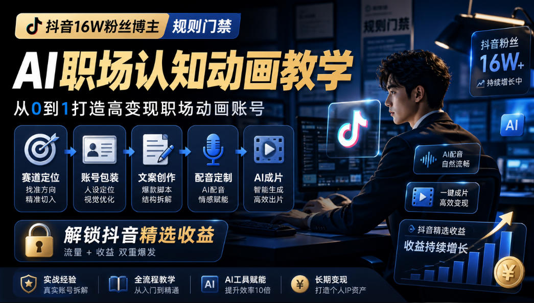 抖音16W粉丝博主规则门禁的AI职场认知动画教学，从赛道定位、账号包装，到文案创作、配音定制、AI成片，解锁抖音精选收益-heixxmi