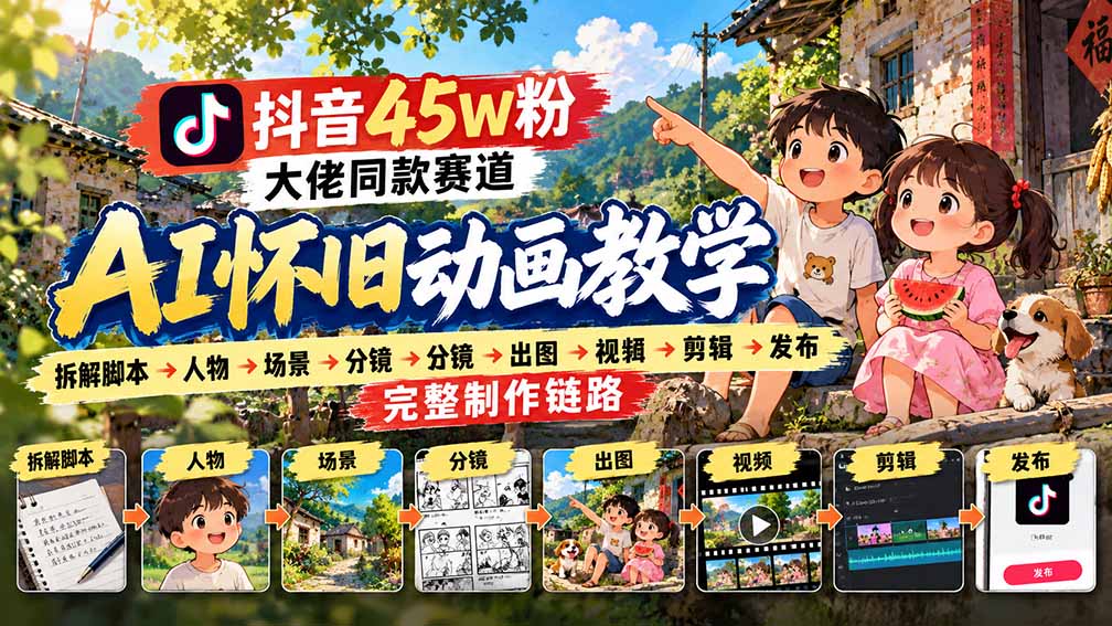 抖音45W粉大佬同款赛道AI怀旧动画教学：拆解脚本→人物→场景→分镜→出图→视频→剪辑→发布完整制作链路-heixxmi
