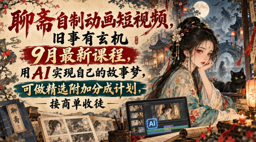 聊斋自制动画短视频，旧事有玄机9月最新课程，用AI实现自己的故事梦，可做精选附加分成计划，接商单收徒-heixxmi