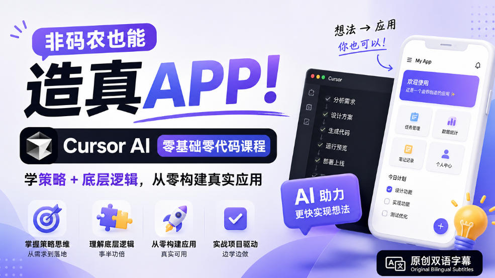 非码农也能造真APP！Cursor AI零基础零代码课程：学策略+底层逻辑，从零构建真实应用【原创双语字幕】-heixxmi