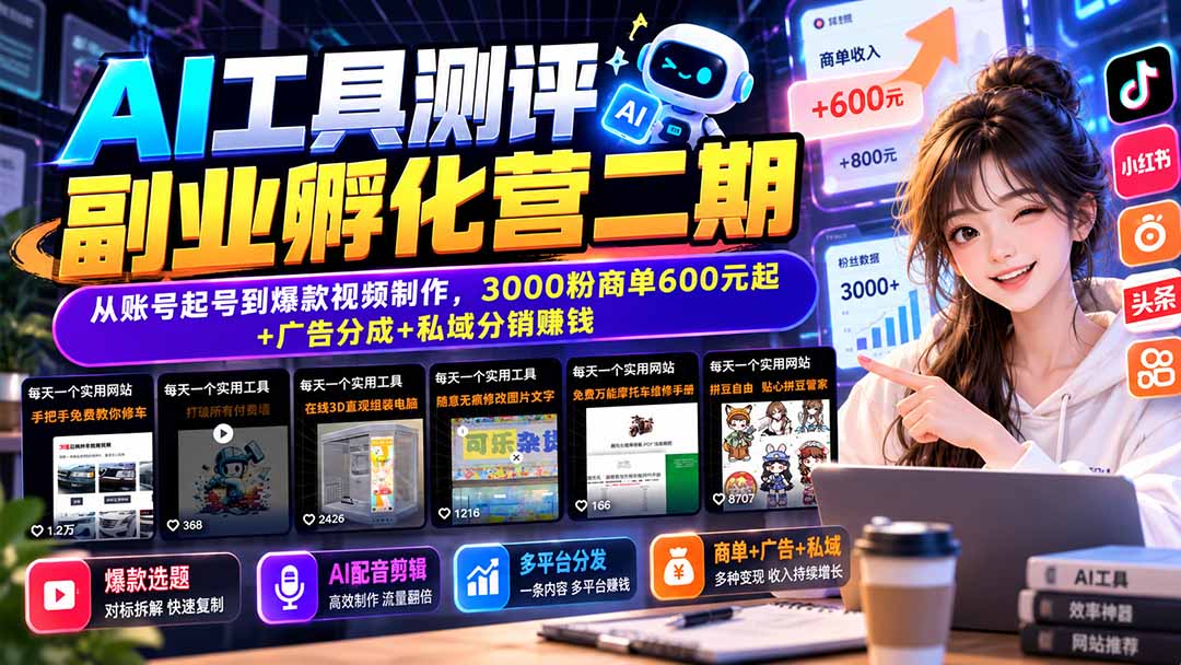 AI工具测评副业孵化营二期：从账号起号到爆款视频制作，3000粉商单600元起+广告分成+私域分销赚钱-heixxmi