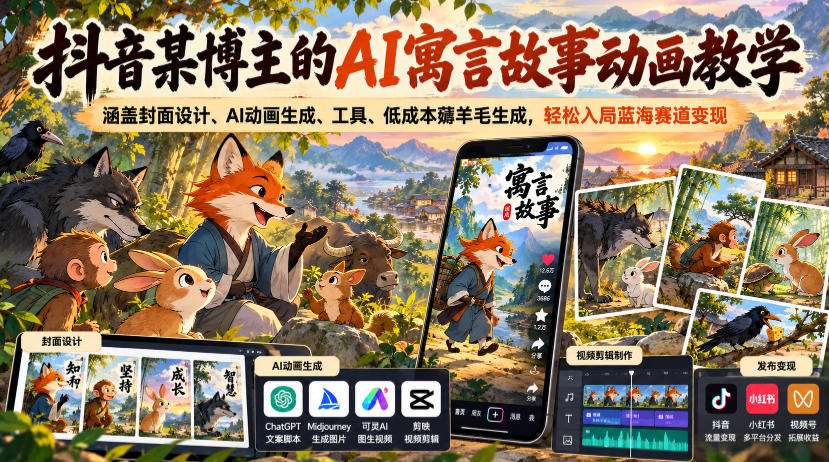 抖音某博主的AI寓言故事动画教学，涵盖封面设计、AI动画生成、工具、低成本薅羊毛生成，轻松入局蓝海赛道变现-heixxmi