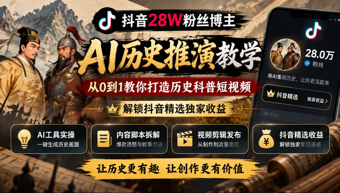 抖音28W粉丝博主的AI历史推演教学，从0到1教你打造历史科普短视频，解锁抖音精选独家收益-heixxmi
