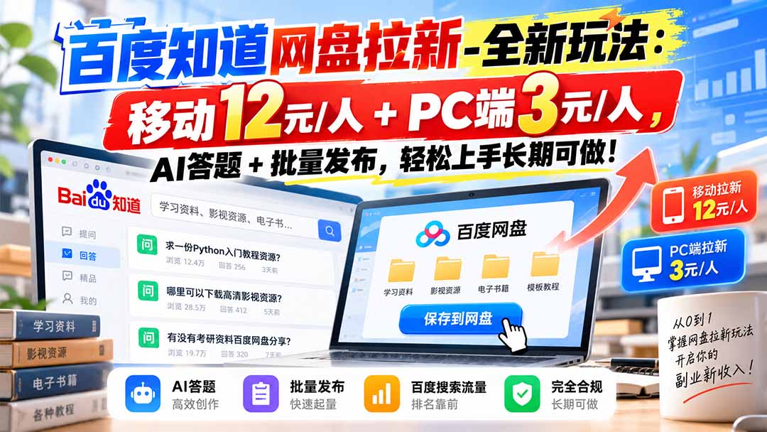 百度知道网盘拉新-全新玩法：移动12元/人+PC端3元/人，AI答题+批量发布，轻松上手长期可做！-heixxmi