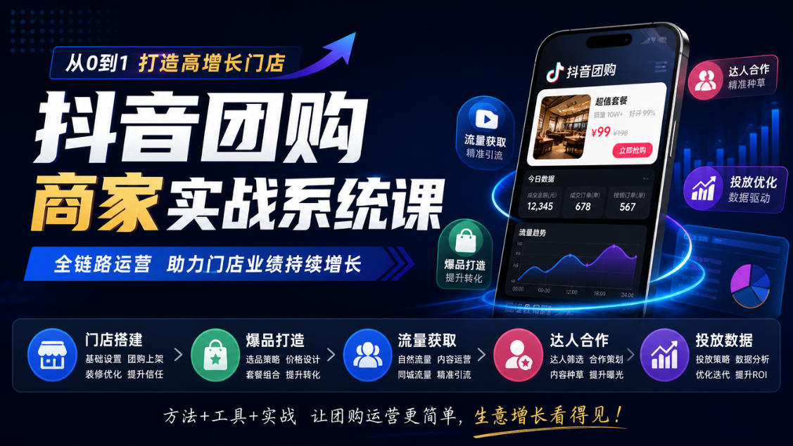 抖音团购商家实战系统课｜门店搭建、爆品打造、流量获取、达人合作、投放数据全链路运营-heixxmi