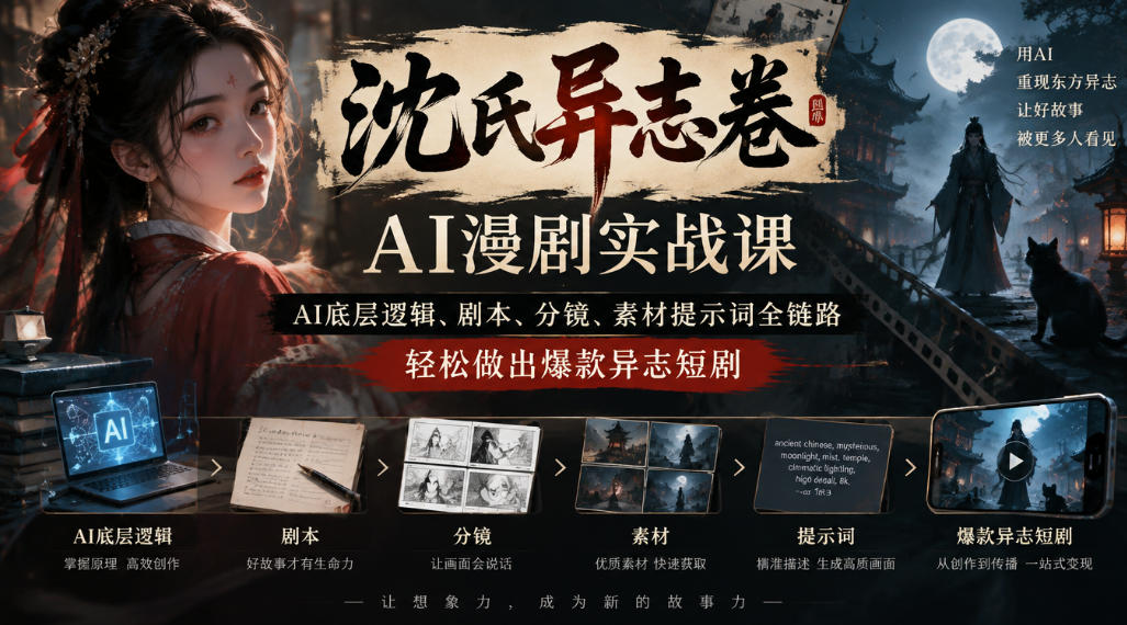 沈氏异志卷AI漫剧实战课｜AI底层逻辑、剧本、分镜、素材提示词全链路，轻松做出爆款异志短剧-heixxmi