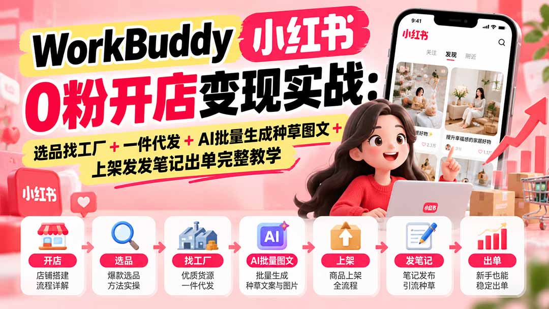 WorkBuddy小红书0粉开店变现实战：选品找工厂+一件代发+AI批量生成种草图文+上架发发笔记出单完整教学-heixxmi
