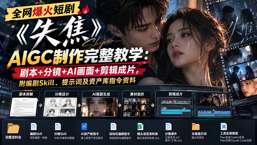 全网爆火短剧《失焦》AIGC制作完整教学：剧本+分镜+AI画面+剪辑成片，附编剧Skill、提示词及资产库指令资料-heixxmi