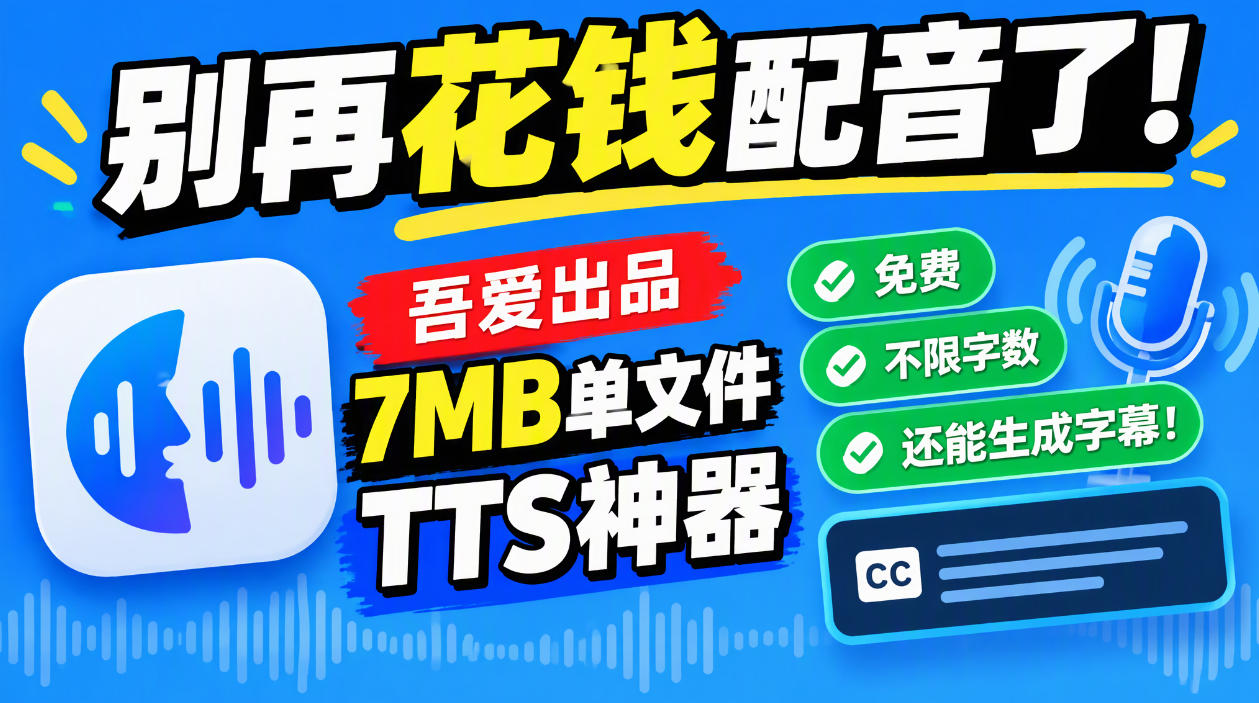 别再花钱配音了！吾爱出品7MB单文件TTS神器，免费不限字数还能生成字幕！-heixxmi