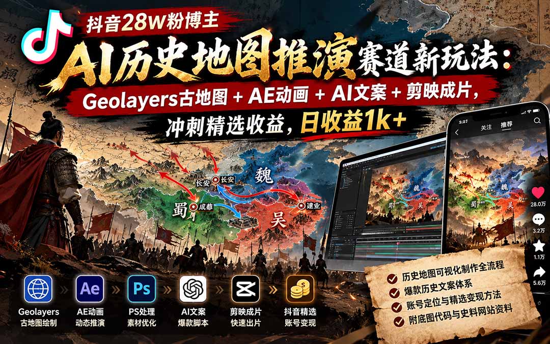 抖音28W粉博主AI历史地图推演赛道新玩法：Geolayers古地图+AE动画+AI文案+剪映成片，冲刺精选收益，日收益1k+-heixxmi