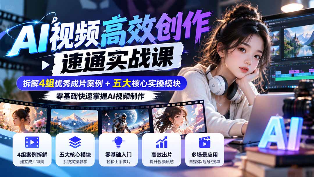 【无水印】AI视频高效创作速通实战课：拆解4组优秀成片案例+五大核心实操模块，零基础快速掌握AI视频制作-heixxmi