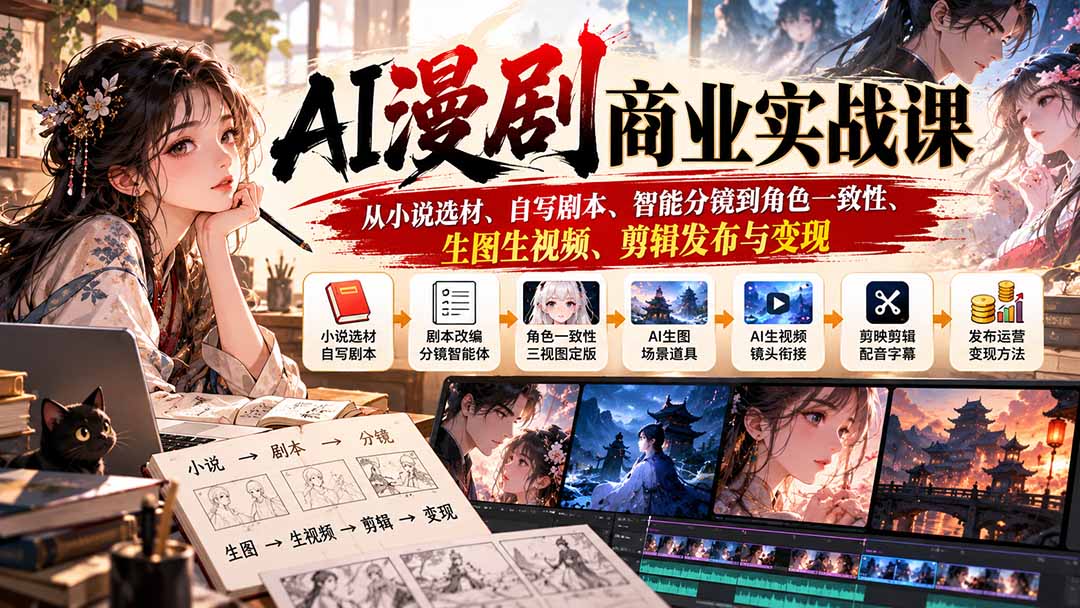 AI漫剧商业实战课：从小说选材、自写剧本、智能分镜到角色一致性、生图生视频、剪辑发布与变现-heixxmi