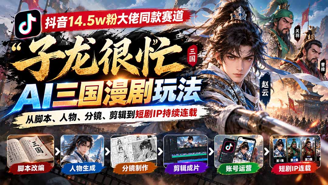 抖音14.5w粉大佬同款赛道「子龙很忙」AI三国漫剧玩法：从脚本、人物、分镜、剪辑到短剧IP持续连载-heixxmi