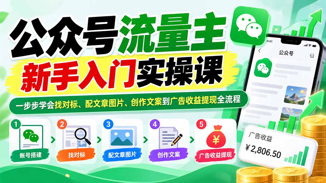 公众号流量主新手入门实操课：一步步学会找对标、配文章图片、创作文案到广告收益提现全流程-heixxmi