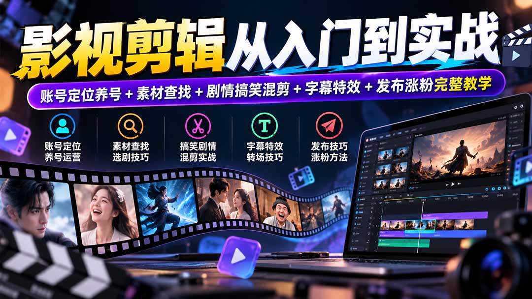 影视剪辑从入门到实战：账号定位养号+素材查找+剧情搞笑混剪+字幕特效+发布涨粉完整教学-heixxmi