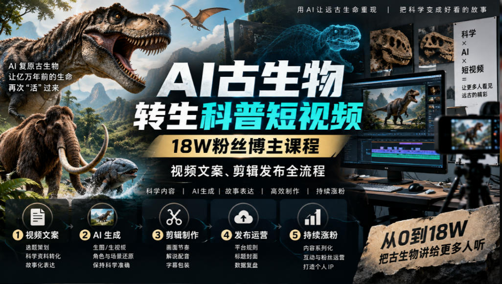 AI古生物转生科普短视频，18W粉丝博主课程，视频文案、剪辑发布全流程-heixxmi