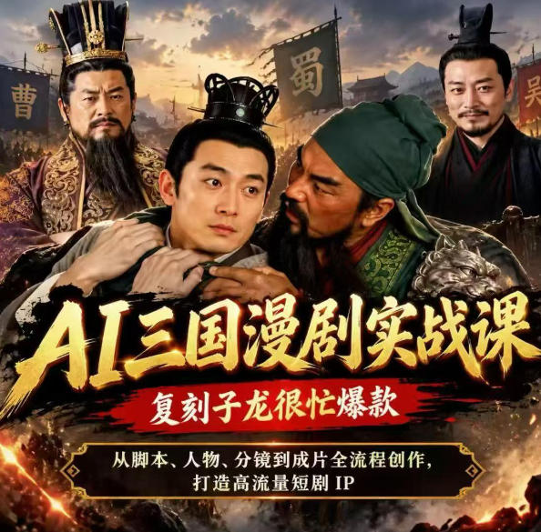 抖音14W粉博主同款AI三国漫剧实战课，复刻子龙很忙爆款，从脚本、人物、分镜到成片全流程创作，打造高流量短剧IP-heixxmi