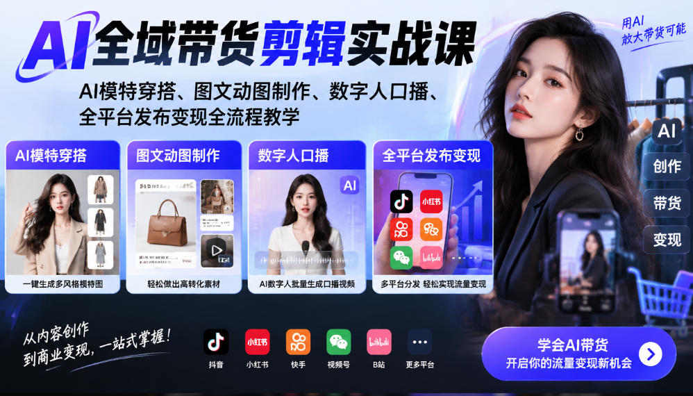 AI全域带货剪辑实战课｜AI模特穿搭、图文动图制作、数字人口播、全平台发布变现全流程教学-heixxmi