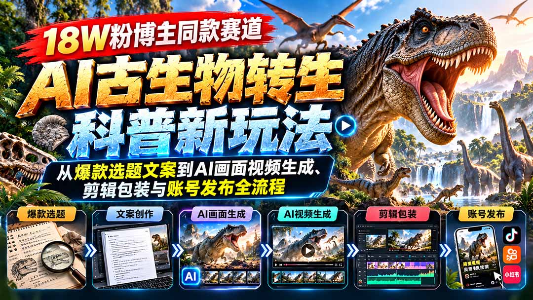 18W粉博主同款赛道-AI古生物转生科普新玩法：从爆款选题文案到AI画面视频生成、剪辑包装与账号发布全流程-heixxmi