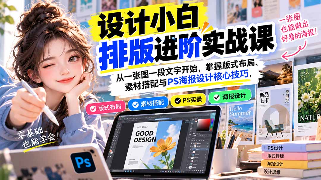 设计小白排版进阶实战课：从一张图一段文字开始，掌握版式布局、素材搭配与PS海报设计核心技巧-heixxmi