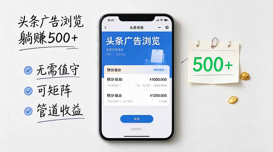 头条广告浏览躺赚500+无需值守，可矩阵并附有管道收益-heixxmi