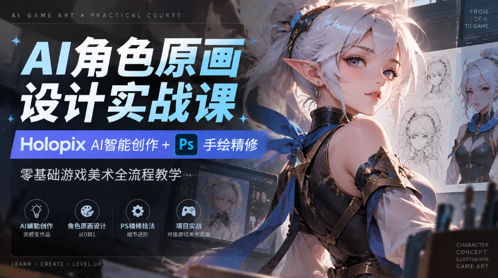 AI角色原画设计实战课|Holopix AI智能创作+PS手绘精修,零基础游戏美术全流程教学