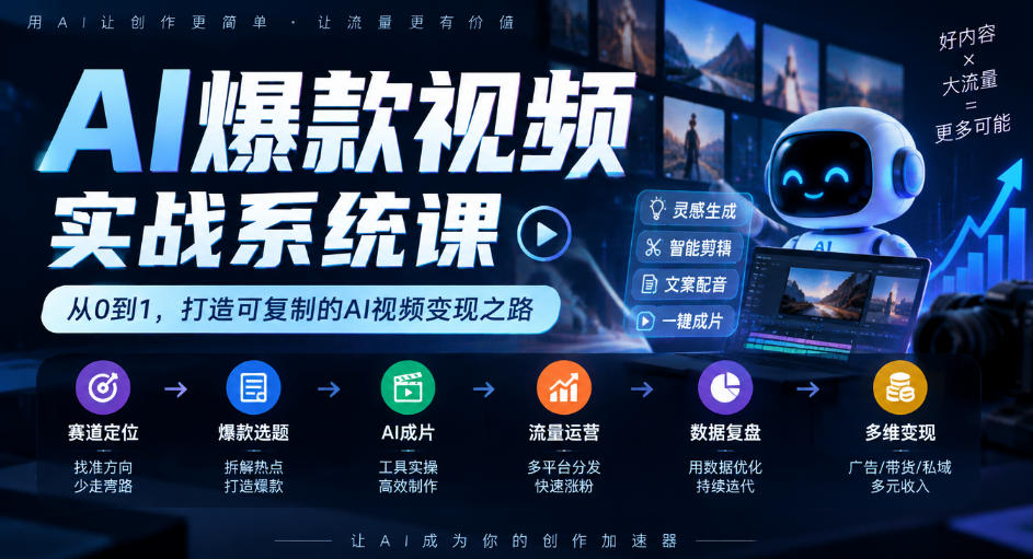 AI爆款视频实战系统课｜赛道定位、爆款选题、AI成片、流量运营、数据复盘、多维变现全链路教学-heixxmi