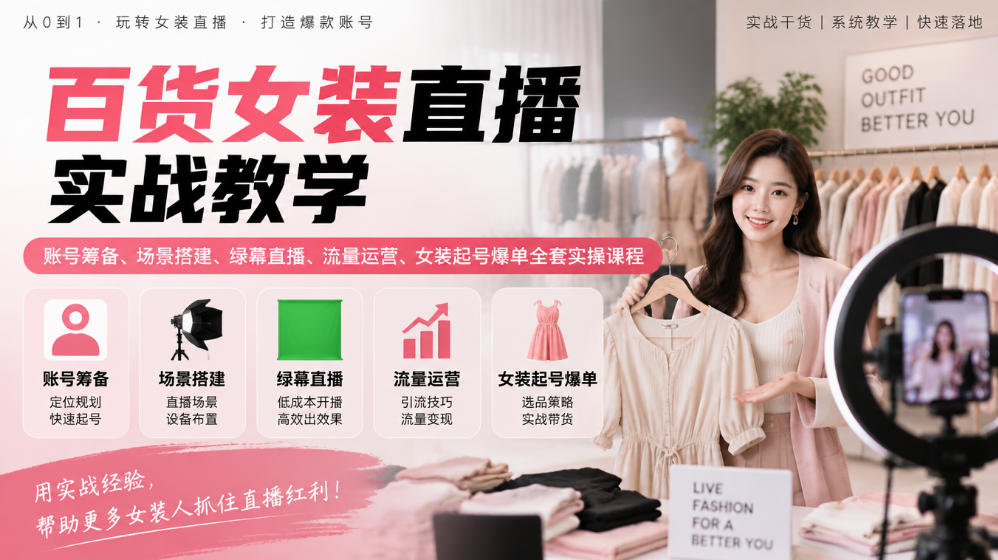 百货女装直播实战教学｜账号筹备、场景搭建、绿幕直播、流量运营、女装起号爆单全套实操课程-heixxmi