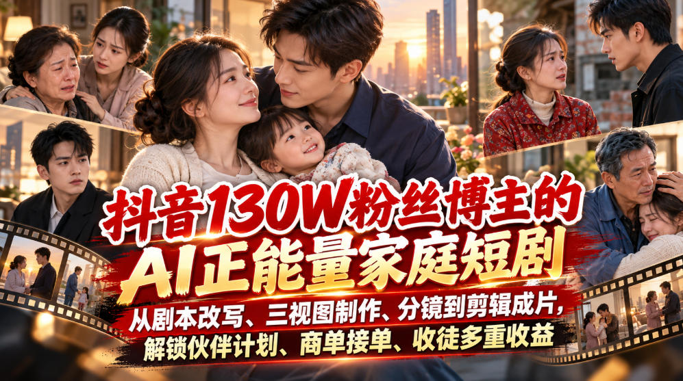 抖音130W粉丝博主的AI正能量家庭短剧，从剧本改写、三视图制作、分镜到剪辑成片，解锁伙伴计划、商单接单、收徒多重收益(更新1007)-heixxmi