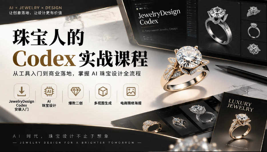 珠宝人的Codex实战课程｜JewelryDesign Codex安装入门、AI珠宝设计、爆款二创、多视图生成、电商精修海报全链路教学-heixxmi