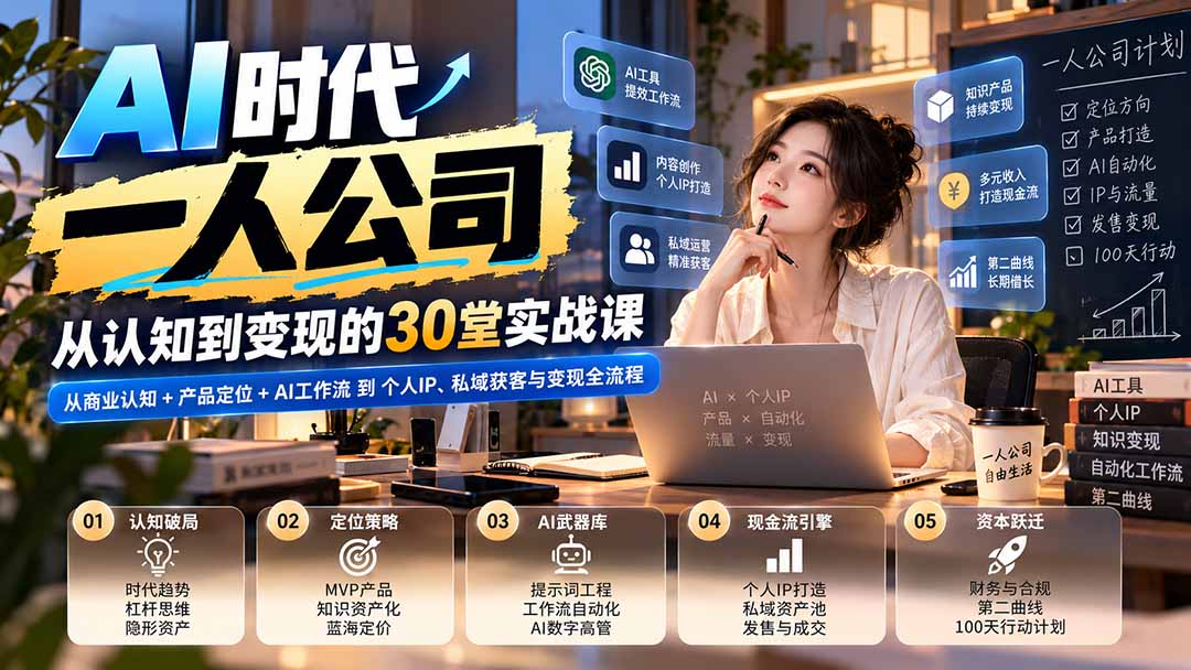 【无水印】AI时代一人公司30堂实战课：从商业认知+产品定位+AI工作流到个人IP、私域获客与变现全流程-heixxmi